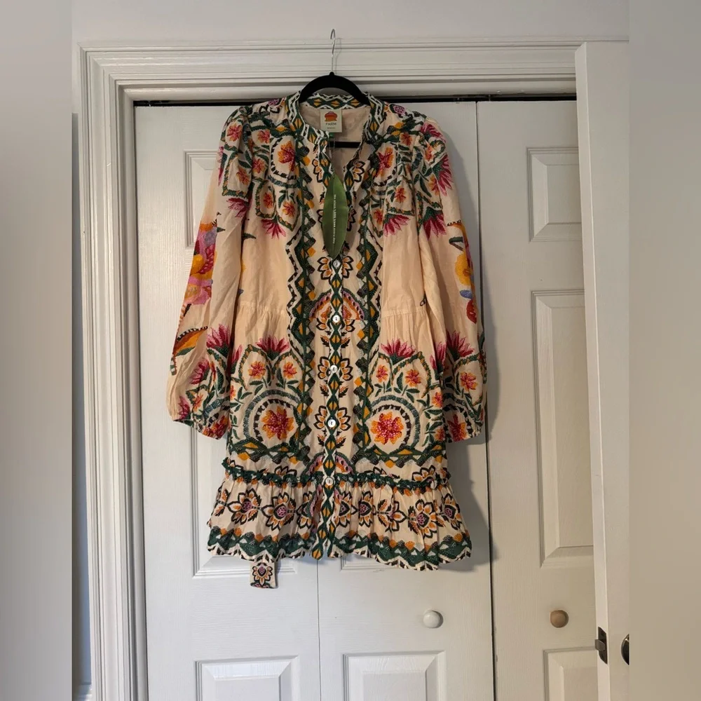 FARM Rio Floral Embroidered Mini Dress - Cream, Green, Orange - Picture 4 of 4